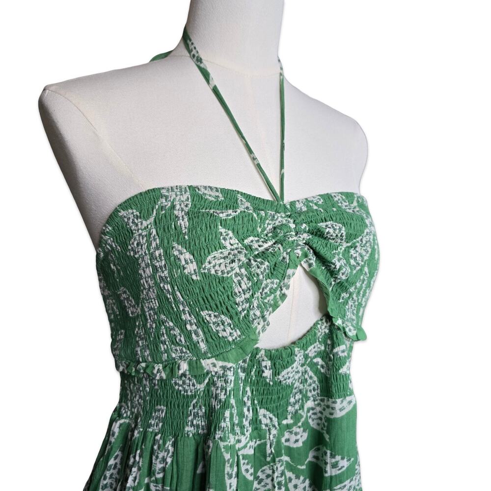 American Eagle Maxi Dress Green Floral Cutout Halter Smocked Boho NWT Medium